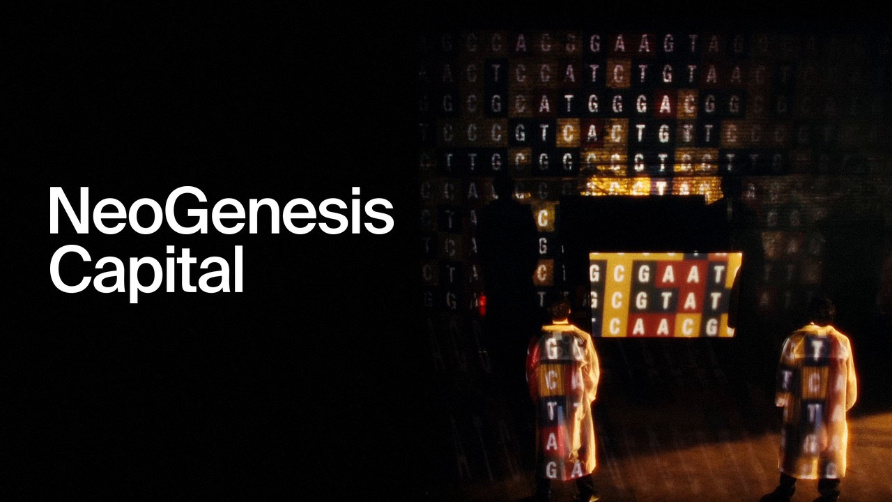 NeoGenesis Capital wordmark beside two figures facing a wall of projected DNA code
